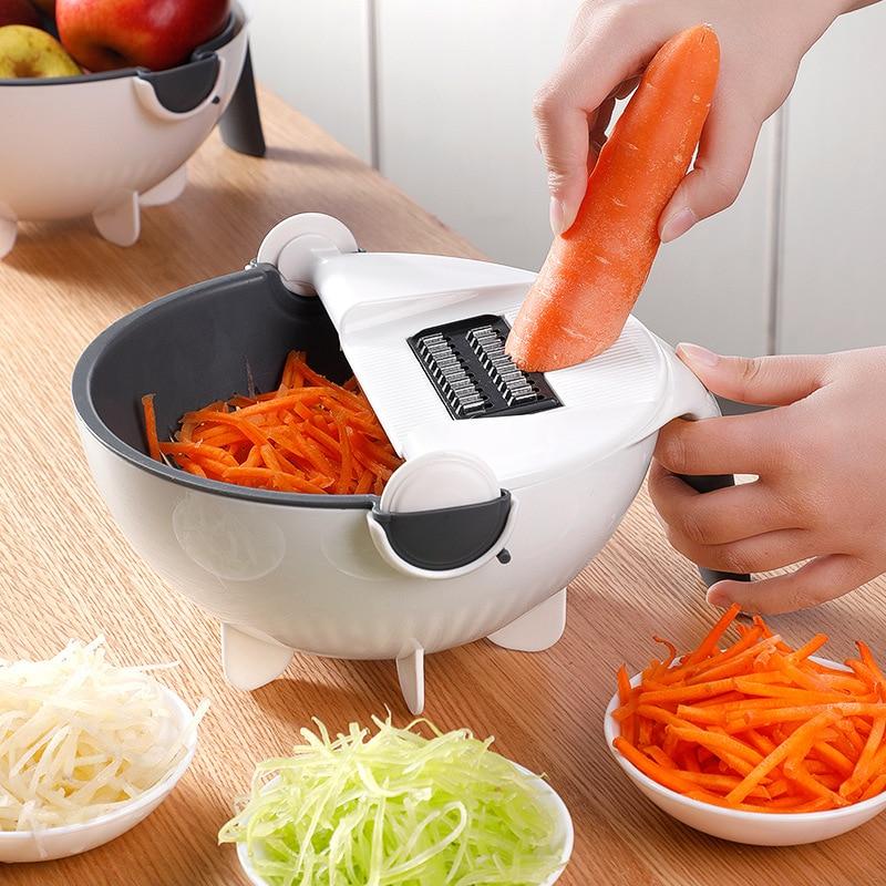 Multi-functional manual vegetable cutter with basket