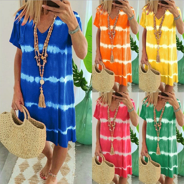 Women Loose V-neck Stripe Tie Dye Short Sleeve Summer Midi Dress